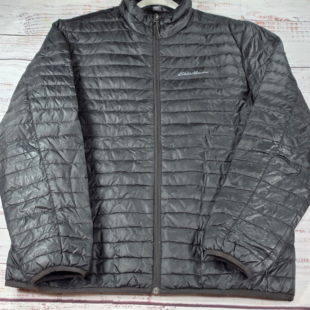 Eddie Bauer Puffer Jacket Mens Large Black Good Down Insulated Quilted Full Zip